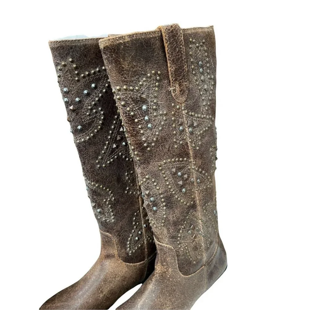 Frye Distressed Leather Pull-on Tall Shaft Studded Boots Cowboy
